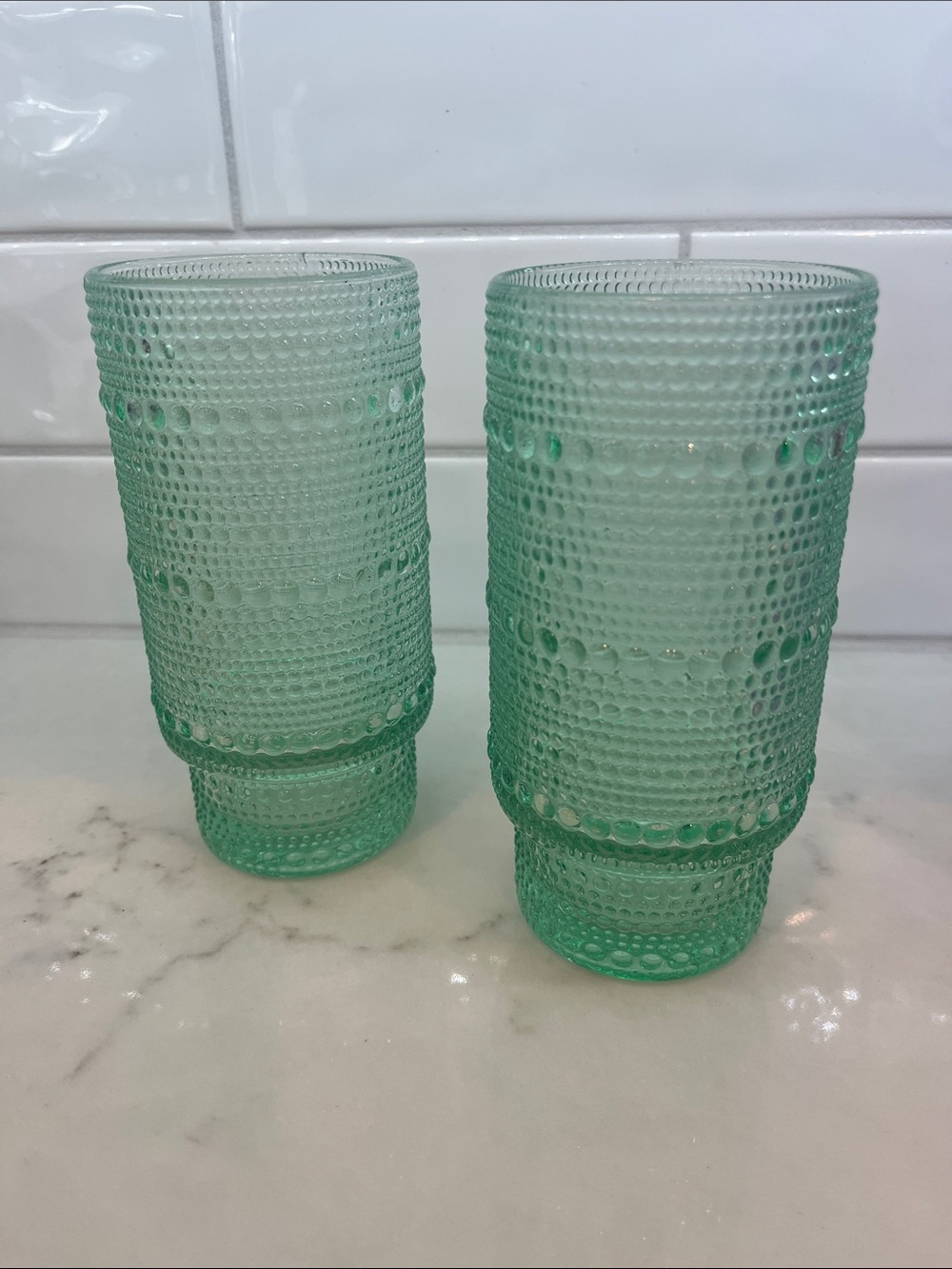 Set of 2 Green Hobnail Iridescent Glass Tumblers - Home Accents
